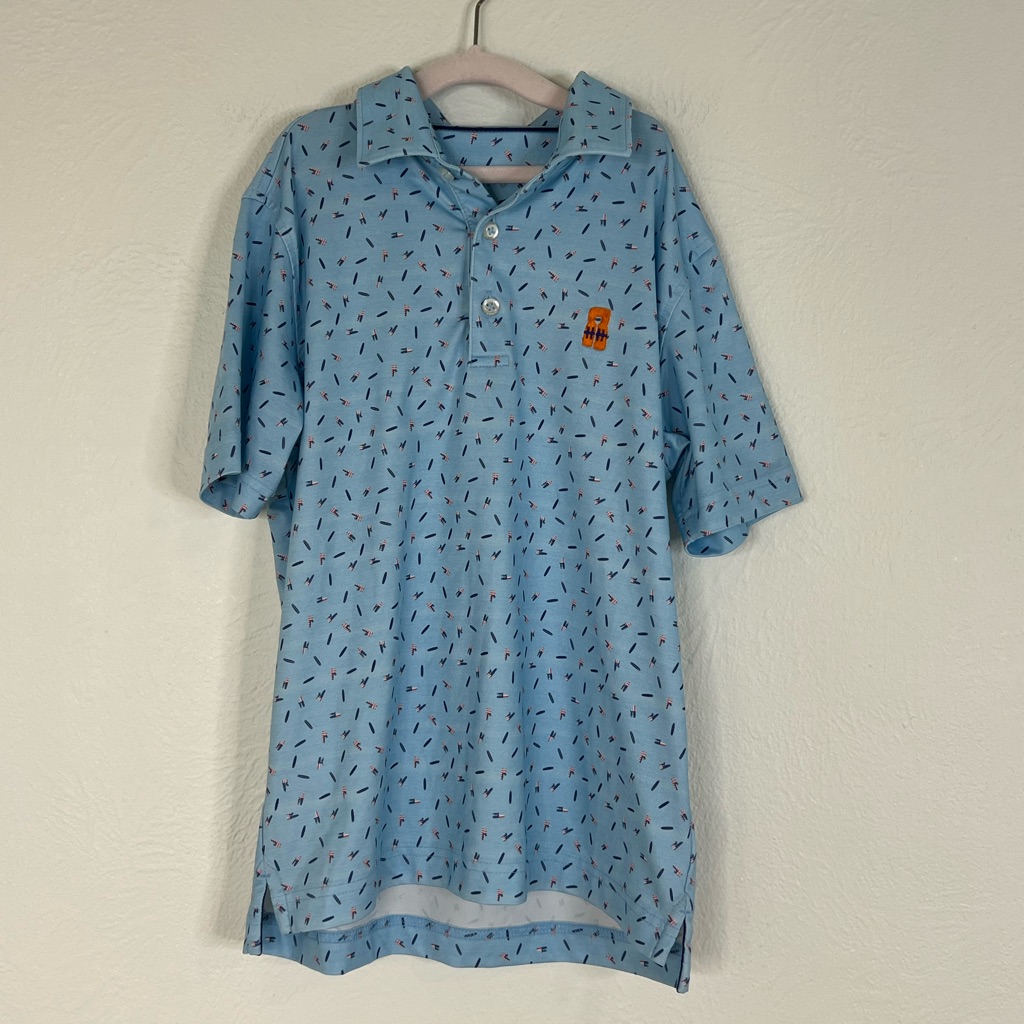 Johnnie O Boys Polo Shirt Blue Printed Performance Short Sleeve Stretch Size M